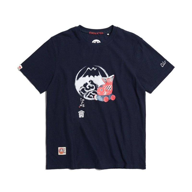 Edo Katsu Japanese style carp LOGO short-sleeved T-shirt - Men's clothing (blue) #Top - Men's T-Shirts & Tops - Cotton & Hemp Blue