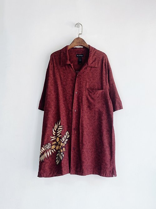 河水山 棗紅色單圖浪漫花卉 古著絲質夏威夷襯衫上衣vintage Aloha Shirt