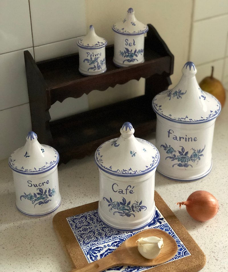 French Moustier beautiful blue hand painted spice clay pot group - Items for Display - Pottery 