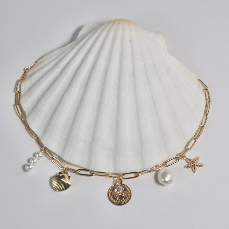 【Handcrafted Design】Seaspark_Ocean Freshwater Pearl Necklace - สร้อยคอ - ไข่มุก สีทอง