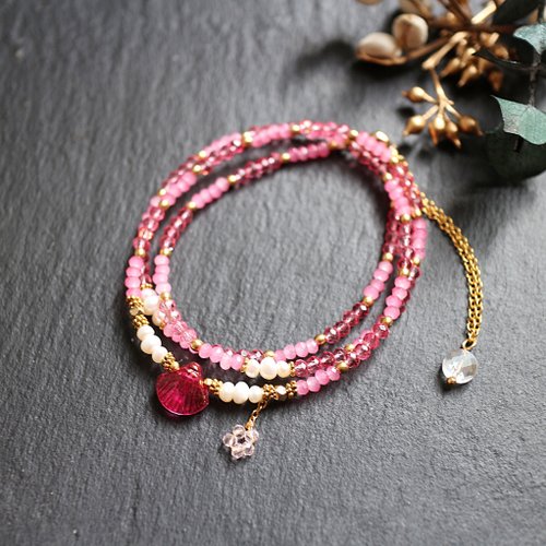 Earring Fanatic 不鏽鋼玻璃珍珠三層調節式手鍊項鍊兩用鍊桃紅色