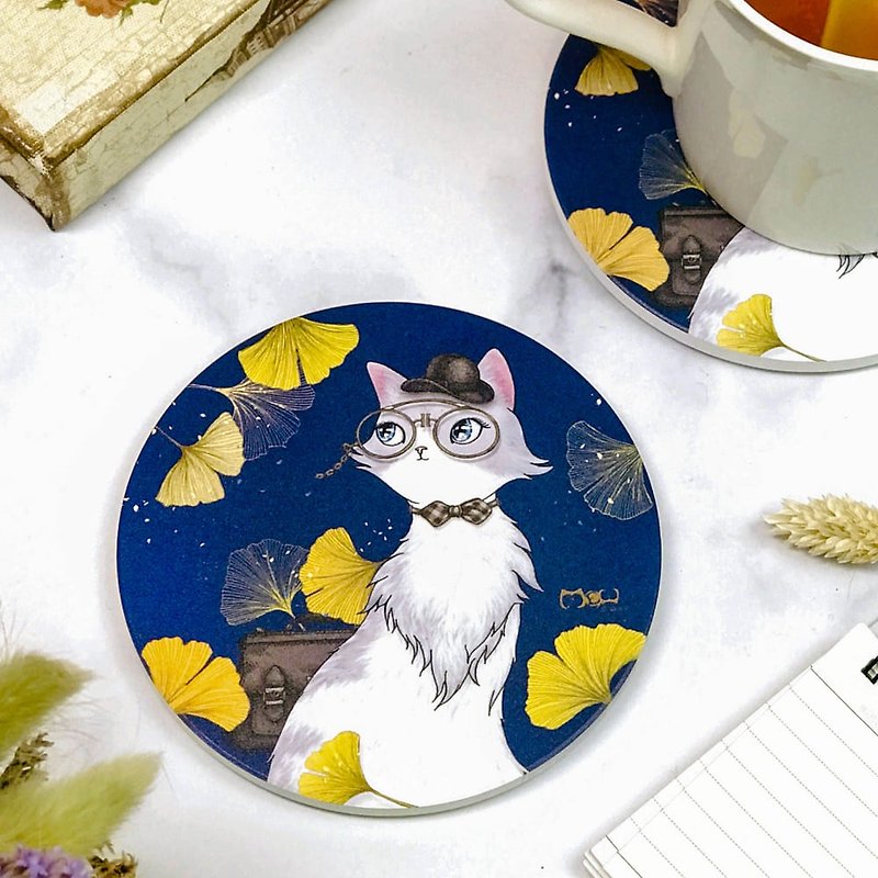 Ceramics | Absorbent Coaster | Hot or Cold-Ginkgo Wenqing Cat - Coasters - Porcelain Blue