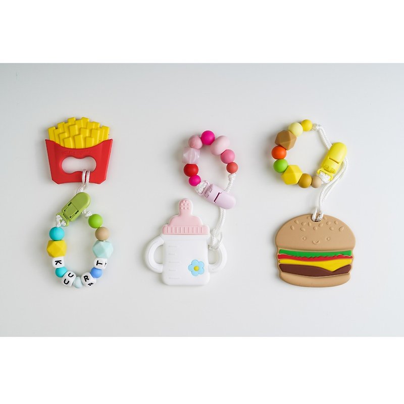 Burger and French fries baby bottle holder set/ pacifier chain clip/customized pacifier chain - ของเล่นเด็ก - ซิลิคอน หลากหลายสี