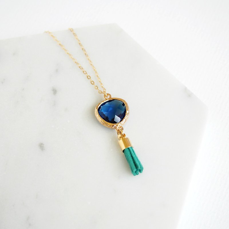 "KeepitPetite" Elegant · tassel · gilt edging glass imitation gemstones · Necklace sky blue (40cm / 16 inches) - Necklaces - Gemstone Blue