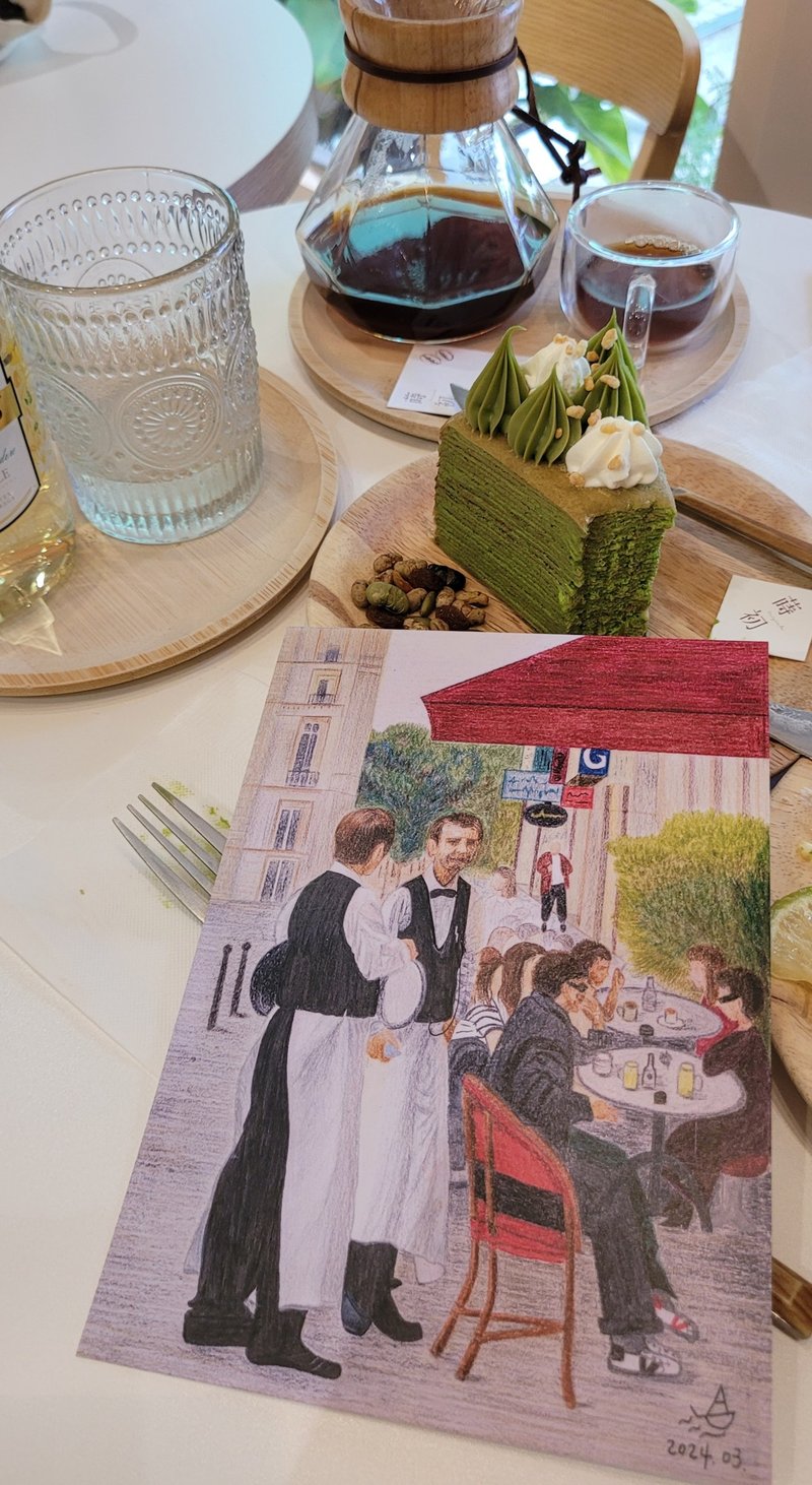 Europe French Serie 1: In a café in Paris Drawing Card - การ์ด/โปสการ์ด - กระดาษ 