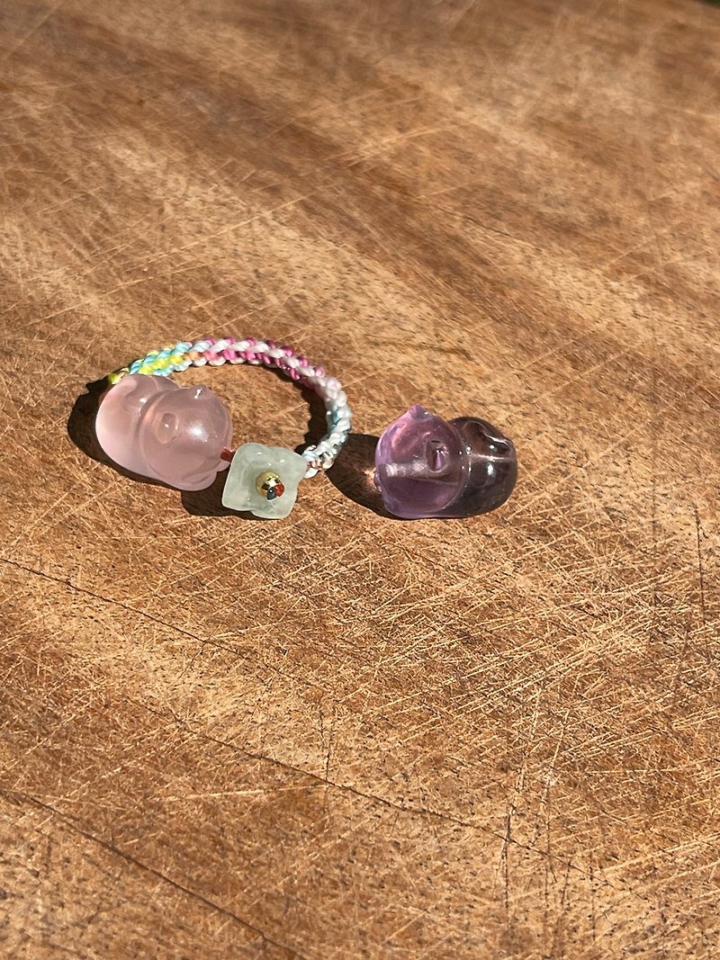 Kitten Chasing Flowers—Pink Crystal & Amethyst. Jade little sweet-scented osmanthus. Custom braided ring - General Rings - Crystal Multicolor