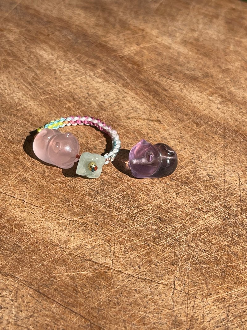 小貓追花花—粉水晶&紫水晶。翡翠小桂花。客製編織戒指 - 戒指 - 水晶 多色