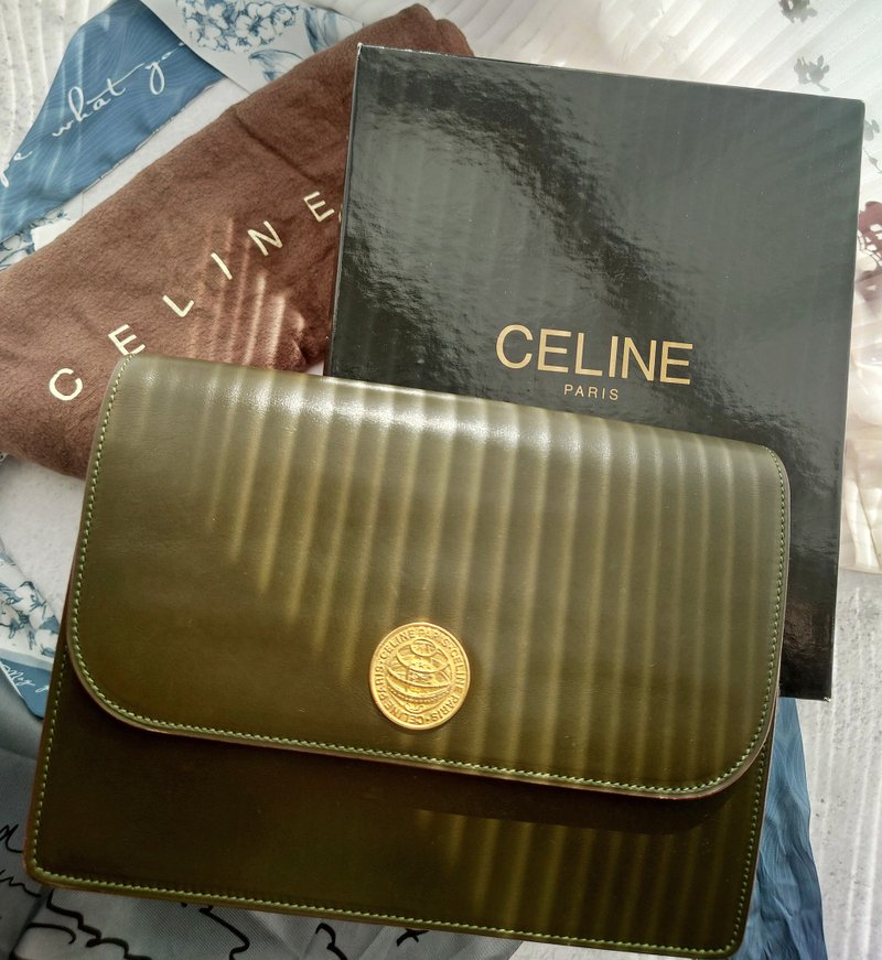中古包 CELINE 地球儀金幣橄欖綠手拿包單肩包斜揹包斜背包鏈條包 - 側背包/斜背包 - 真皮 綠色