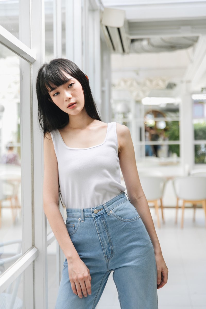 Square neck tank top - 女 T 恤 - 棉．麻 白色