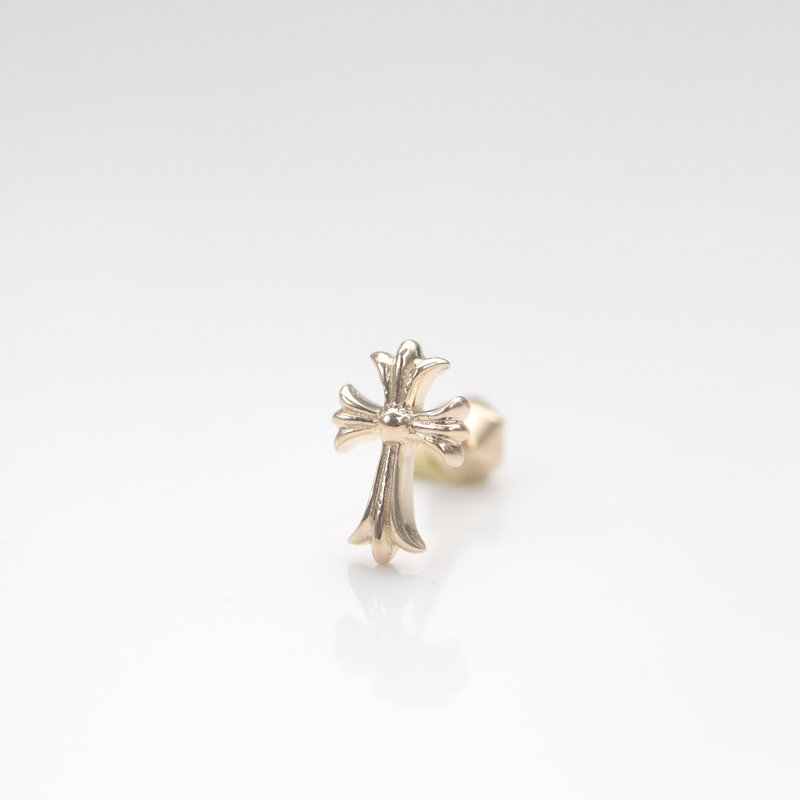 14K Gold Cross Piercing 金十字鎖珠耳環耳骨 耳窩 不退色 - 耳環/耳夾/耳骨夾 - 貴金屬 金色