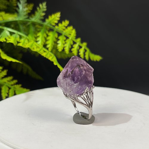 WANZAMGOK 紫水晶活口戒指 隨形晶柱紫色水晶原石標本礦物手工指環 S925銀