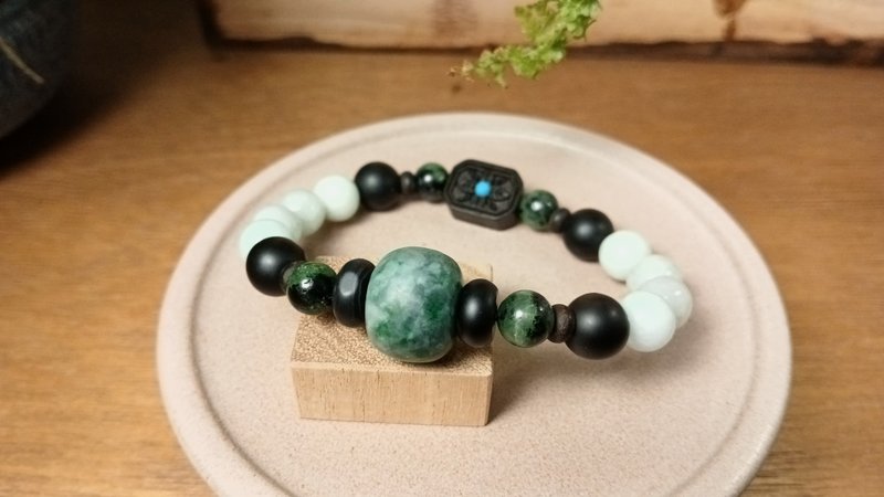 珠串設計手鍊 老花青緬甸玉+緬甸玉+黑曜石+檀木/霧面可把玩 - 手鍊/手環 - 玉石 綠色
