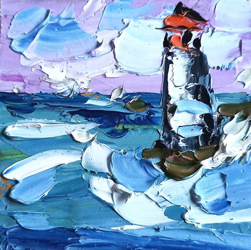 Lighthouse Painting Ocean Original Art Small Impasto Oil Painting by Verafe - 海報/掛畫/掛布 - 其他材質 藍色