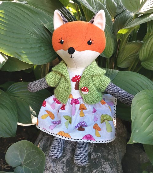 Orange fox girl, wool plush doll, handmade fabric fox toy