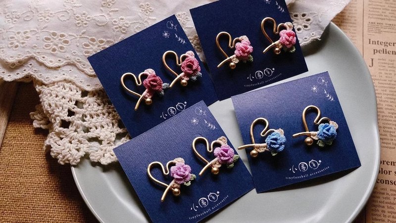 鈎針編織 日常款玫瑰愛心 - 耳環/耳夾/耳骨夾 - 棉．麻 