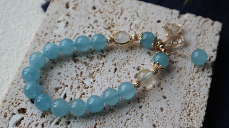 Natural aquamarine moonstone titanium bow design bracelet - Bracelets - Other Materials Silver