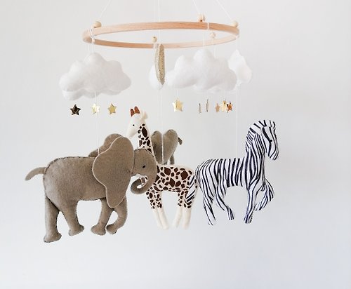 sweetbabyfelt Africa Animas Neutral Nursery Mobile,Felt Safari Zoo Animals Crib Mobile Gift