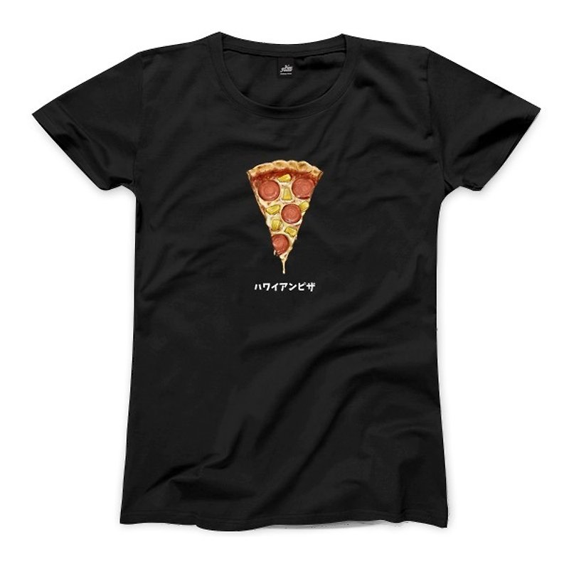 Hawaiian pizza - black - female version of T-shirt - เสื้อยืดผู้หญิง - ผ้าฝ้าย/ผ้าลินิน สีดำ