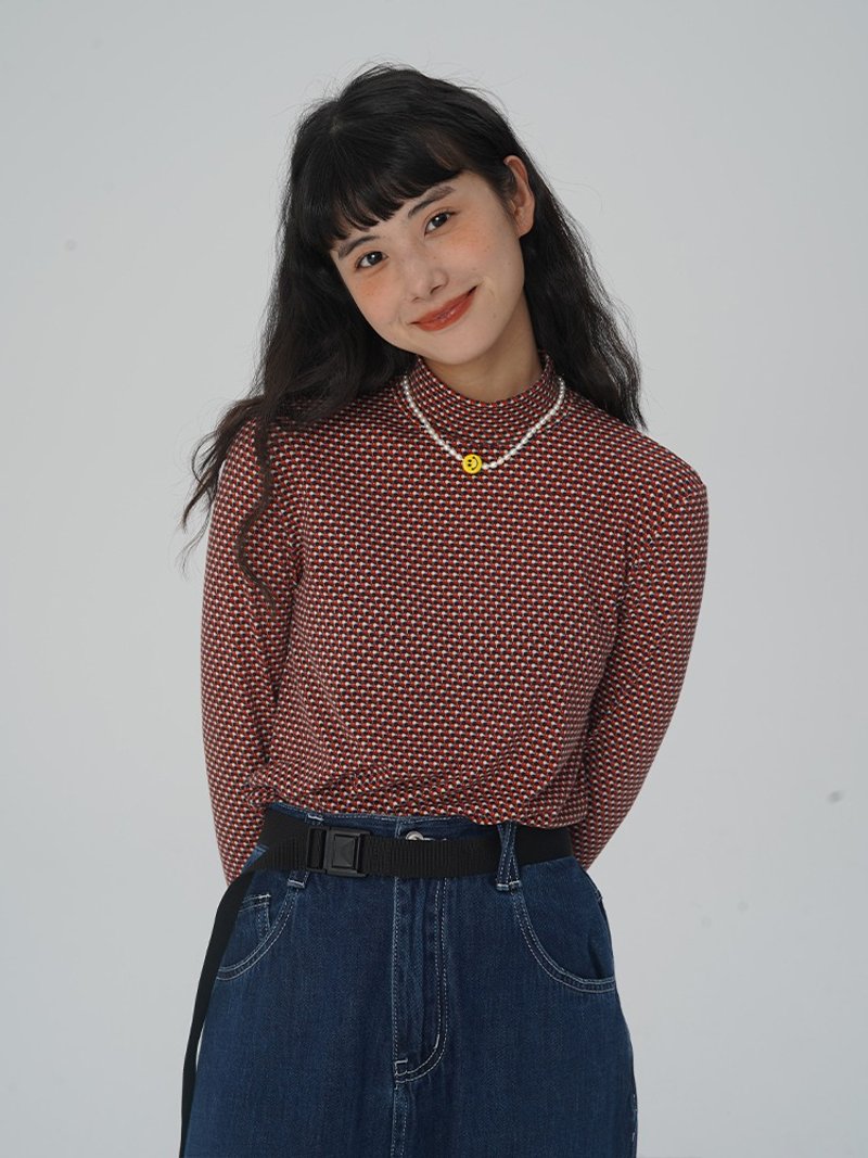 odd maker 半高領復古豹紋長袖t恤女早秋款可愛風內搭打底上衣 - 女上衣/長袖上衣 - 其他人造纖維 