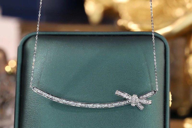 18k solid gold Full Diamond Bow Necklace, Wedding Necklace - สร้อยคอ - เครื่องประดับ ขาว