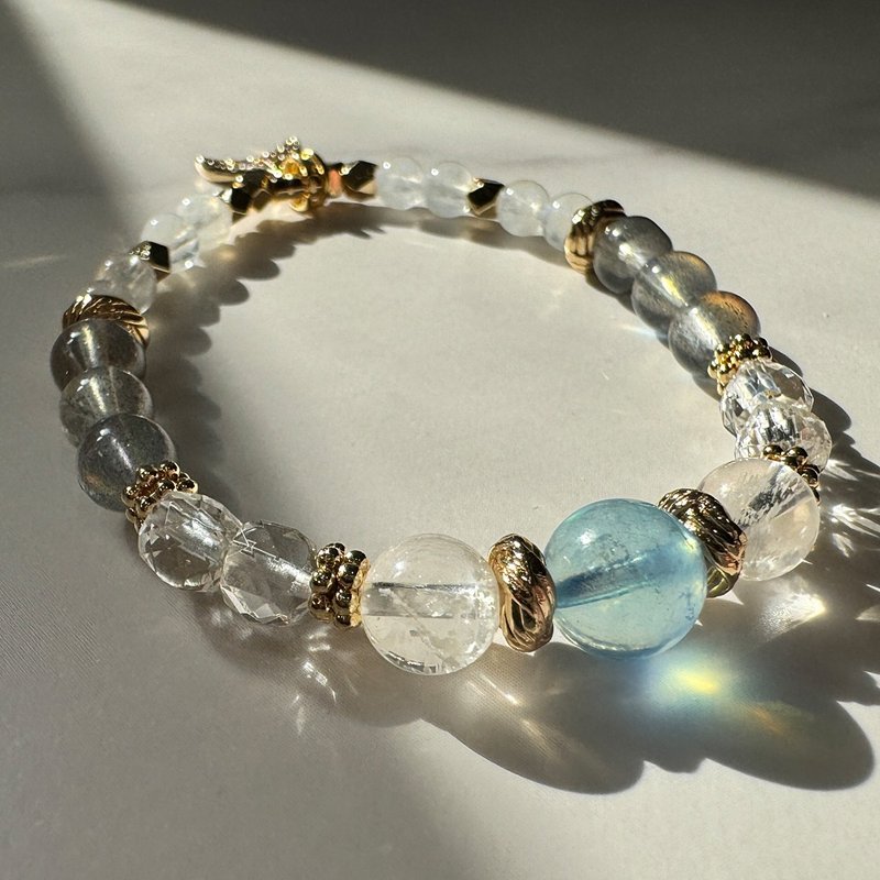 Aquamarine|White Snowflake Ghost|Labradorite|Moonstone|Peach Blossom|Whale tail fin|Natural crystal bracelet - Bracelets - Crystal Blue