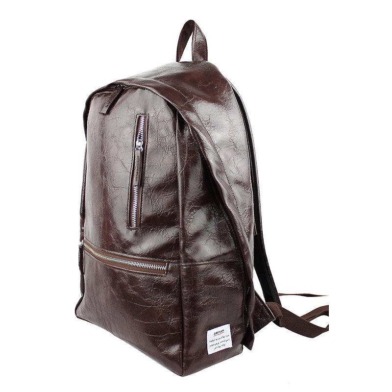 AMINAH-Coffee Double Chain Leather Backpack【am-0296】 - กระเป๋าเป้สะพายหลัง - หนังเทียม สีนำ้ตาล