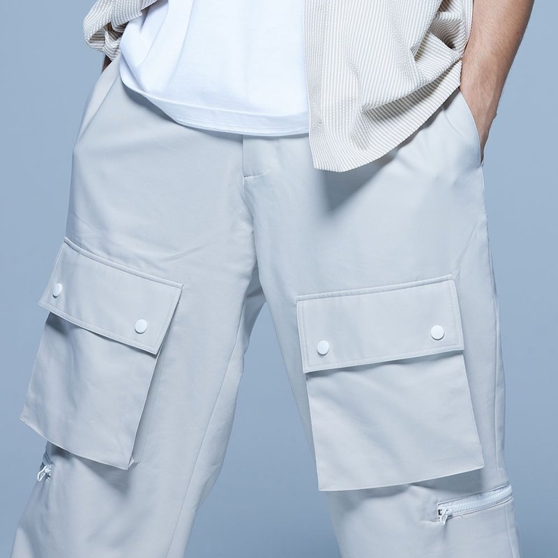 Stone As Pocket Wild Trousers / pocket wide pants oatmeal gray - กางเกงขายาว - ผ้าฝ้าย/ผ้าลินิน ขาว