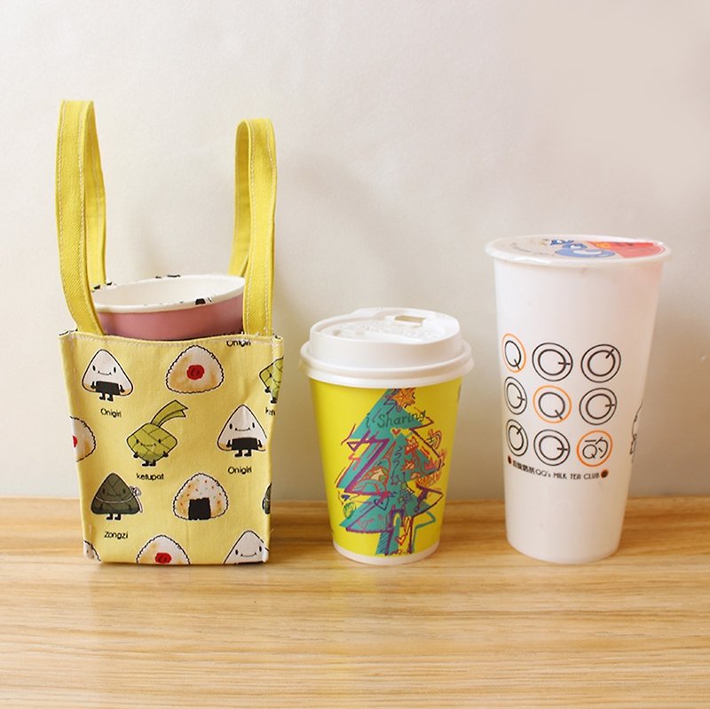 飯糰-黃底圖案飲料提袋(一般款) 環保杯袋 咖啡杯袋 - 杯袋/飲料提袋 - 棉．麻 黃色
