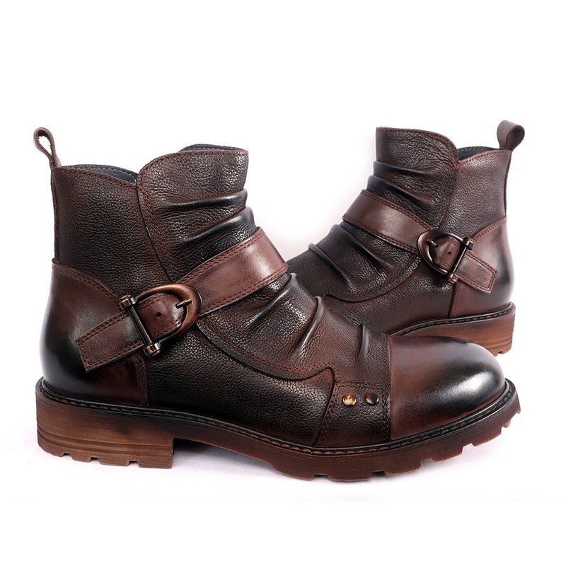 sixlips handsome leather zippered knight short boots - รองเท้าบูธผู้ชาย - หนังแท้ สีนำ้ตาล