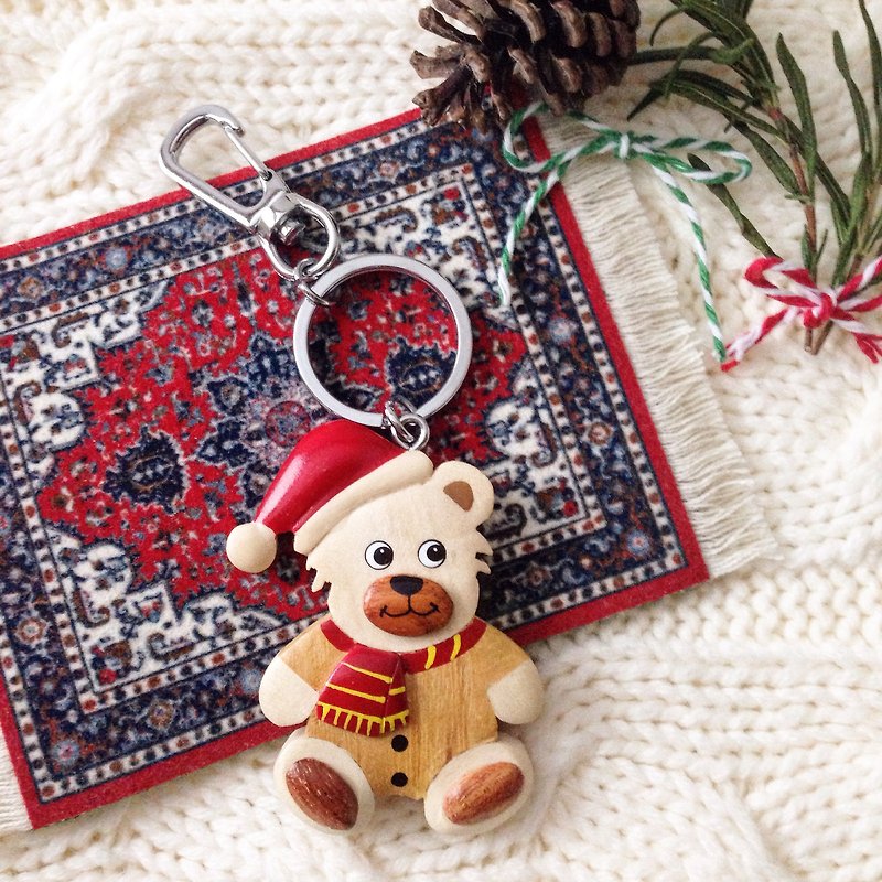 Christmas gift exchange [new] handmade wooden x✦ ✦ Christmas Bear keychain / strap - Keychains - Wood Red