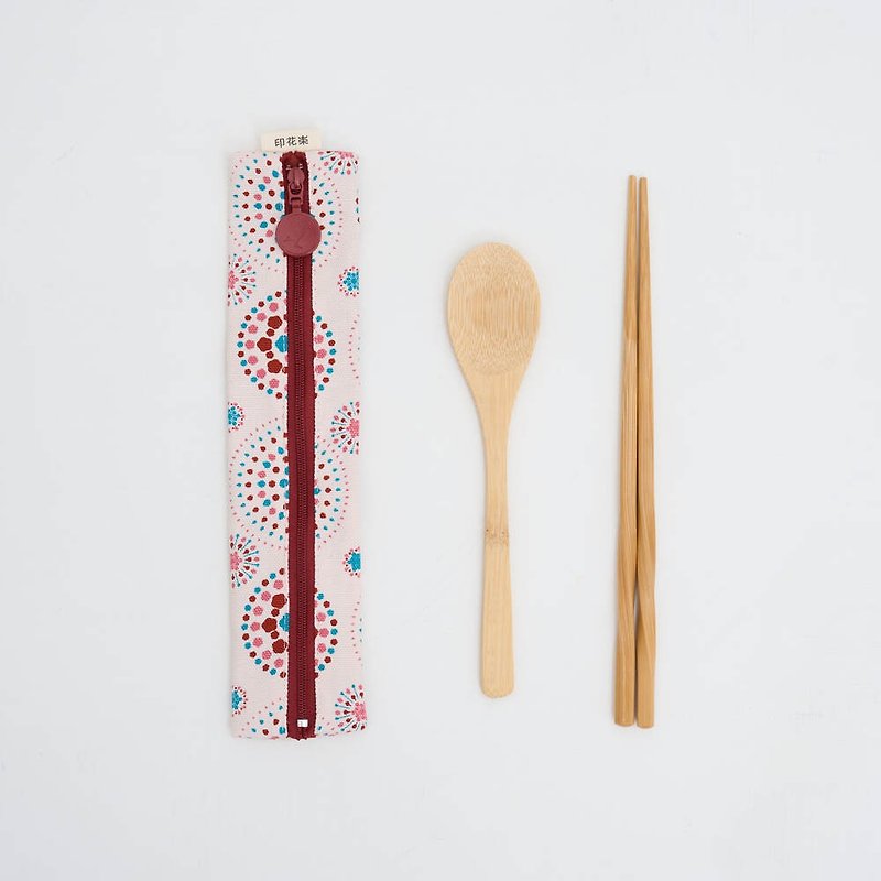 拉鍊餐具袋(含餐具)/煙火/絢爛粉紅 - 筷子/筷子架 - 棉．麻 粉紅色