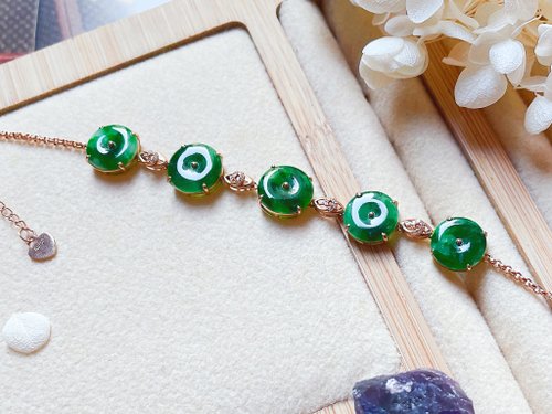 Pine St. Jewelry 松樹街輕奢珠寶 18K純金鑽石天然緬甸A貨翡翠冰花青 平安扣 手鍊 送禮