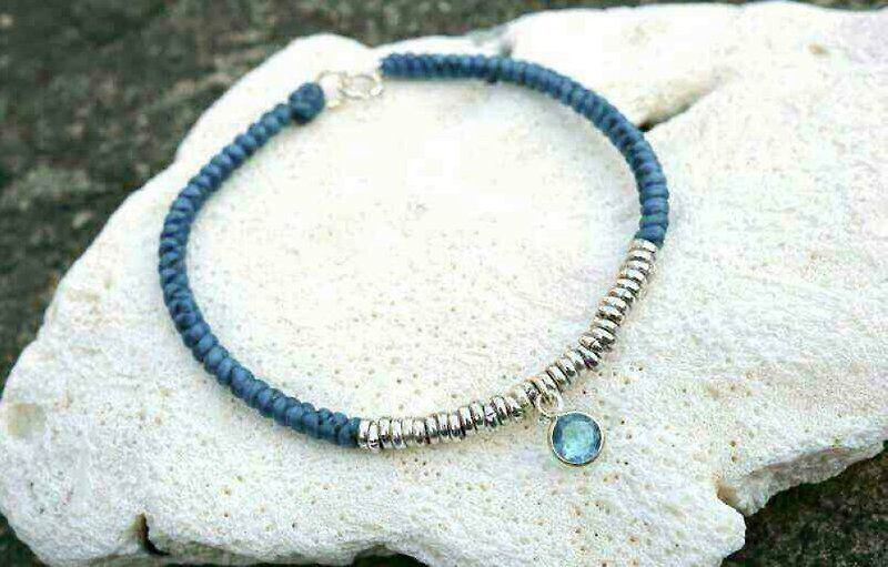925 Sterling Silver Beaded Bracelet Lucky Bracelet Wax Bracelet Blue Zircon Lake Water Green - สร้อยข้อมือ - โลหะ 