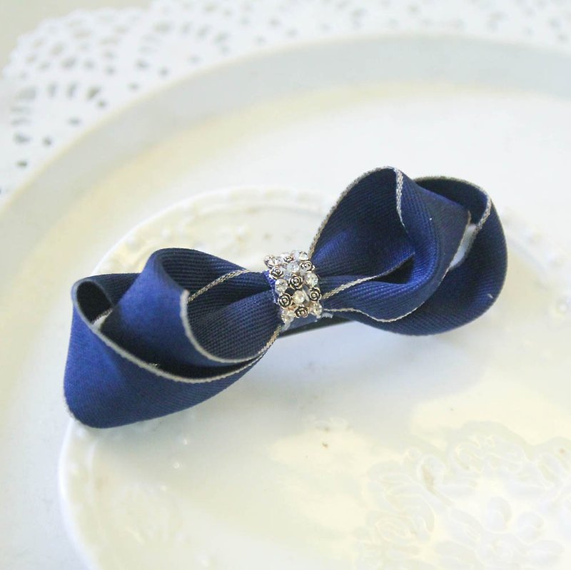 Dark blue trim three-dimensional bow French clip - Hair Accessories - Cotton & Hemp Blue