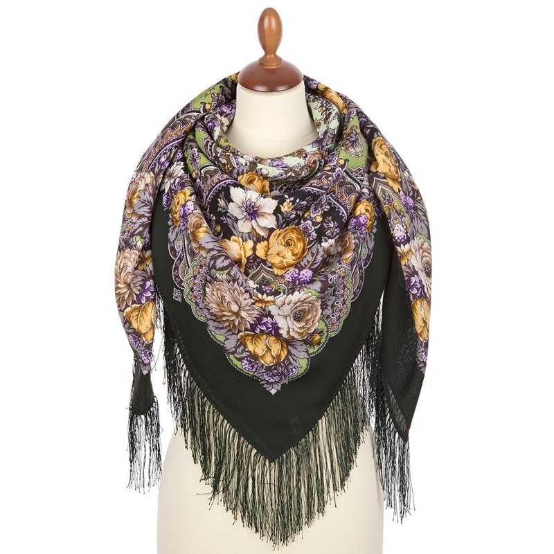 Pavlovo Posad Russian Shawl 100% Wool Scarf 125x125 cm Wrap Silk Fringe 1851-9 - 絲巾 - 羊毛 綠色