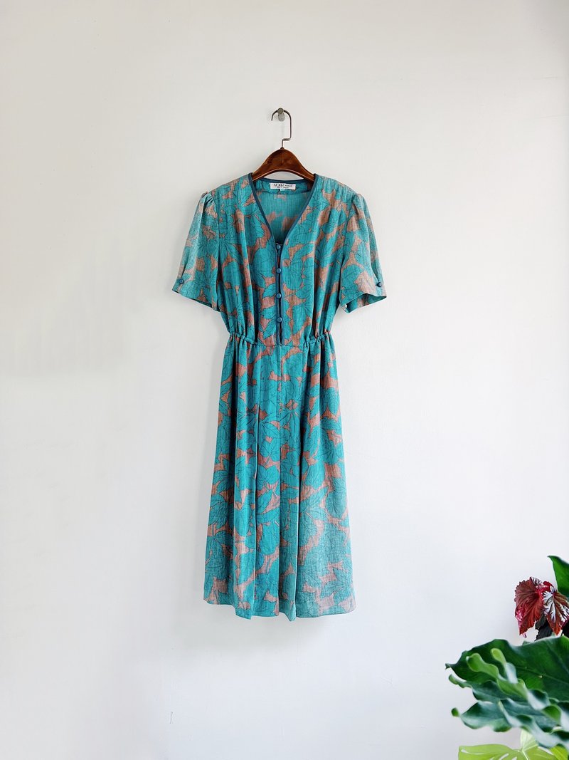 湖水綠x膚粉V領優雅五分袖 長裙洋裝連身裙古著ドレスDress - 洋裝/連身裙 - 聚酯纖維 多色