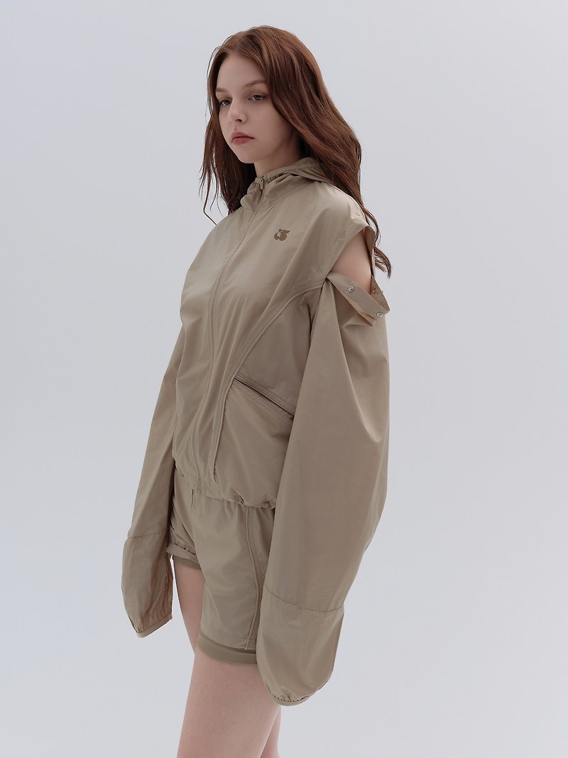 Malt brown lightweight nylon removable sleeves functional coat silhouette loose hooded shell vest jacket - เสื้อแจ็คเก็ต - ไนลอน สีกากี