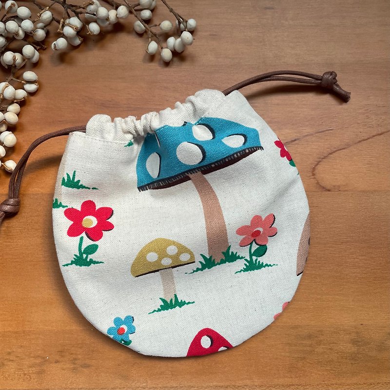 Cute Mushroom Linen Linen Round Drawstring Bag - Toiletry Bags & Pouches - Cotton & Hemp 