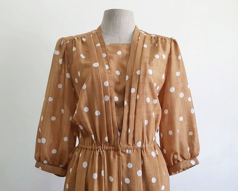 Vintage Brown White Polka Dot Dress - ชุดเดรส - เส้นใยสังเคราะห์ สีนำ้ตาล