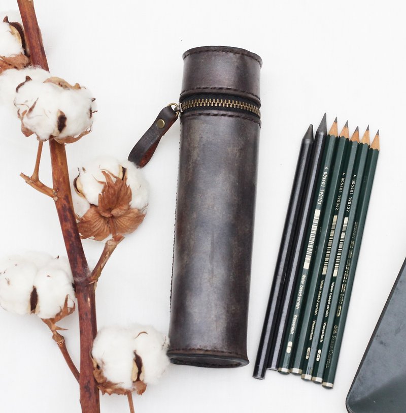 Cylinder vegetable tanned leather pencil case / Pen pouch - Dark grey color - Pencil Cases - Genuine Leather Green