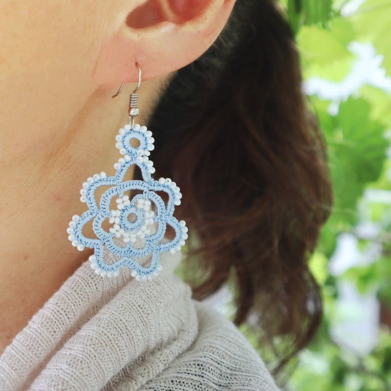 OYA crochet Earrings -ROSE- Ice blue - ต่างหู - งานปัก สีน้ำเงิน