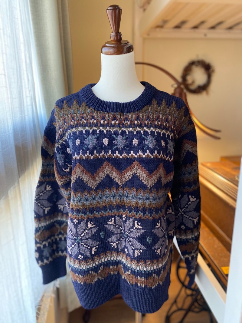 厚重深藍雪花古著毛衣 - 女毛衣/針織衫 - 羊毛 藍色