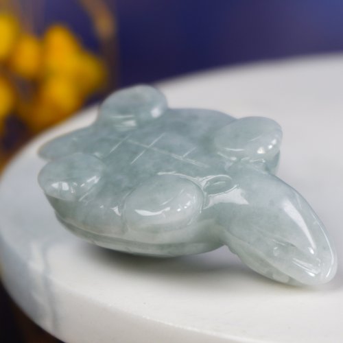 幸運・長寿】ブルー花の翡翠亀の置物 | 天然ビルマ翡翠Aグレード