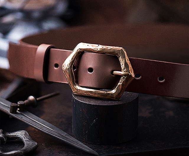 American vintage brass buckle cowhide belt, leather belt, wide men's  trouser bag - Shop GANWU LEATHER Belts - Pinkoi