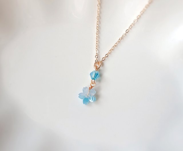 Blue Flower Necklace Gold 14K Solid Gold Blossom Necklace 