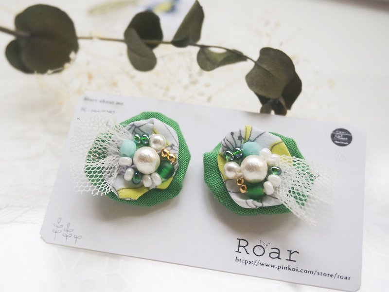 REF: 限量 - 手工刺繡耳環 。針式。 - 耳環/耳夾 - 棉．麻 綠色