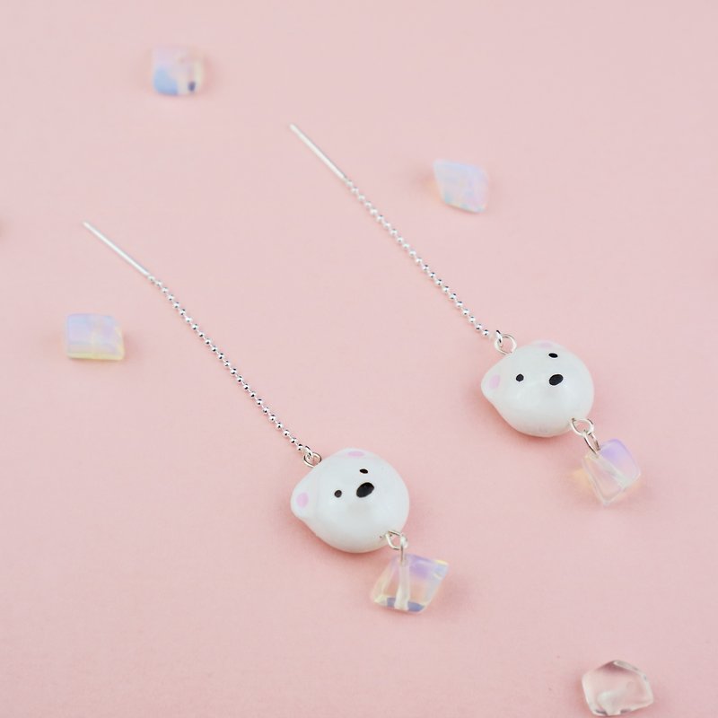 OMO Mo White Bear with ice hand painted clay earrings 925 bags silver long ear stud earrings - Earrings & Clip-ons - Clay 