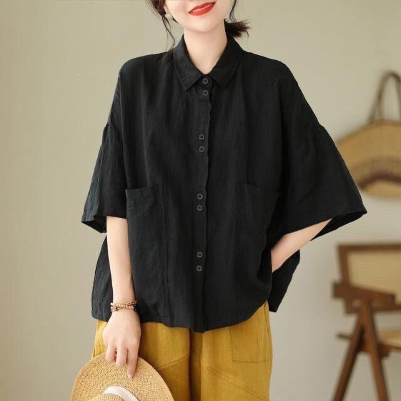 Cotton top shirt  oversized drop shoulder handmade - 女襯衫 - 棉．麻 多色