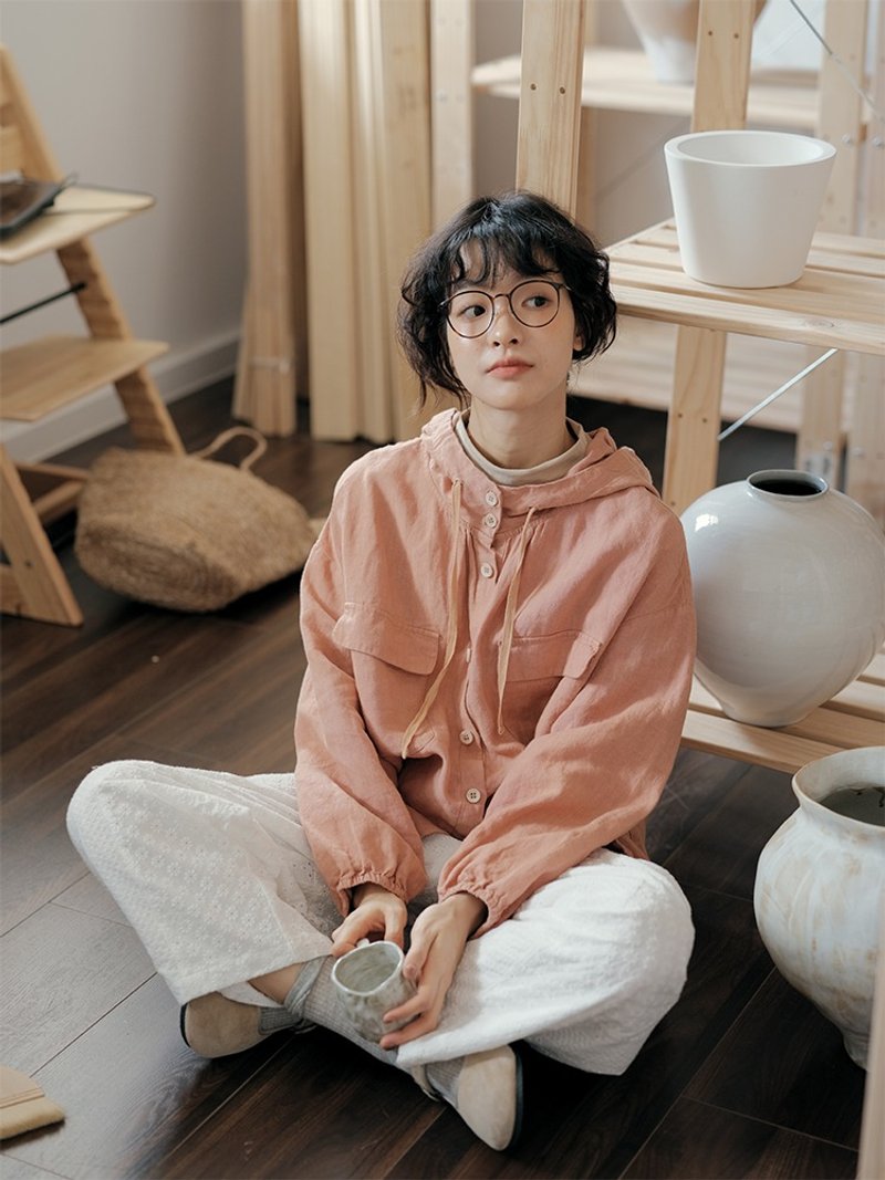 粉色亞麻風格穿搭連帽外套 復古日系寬松 秋 - 女大衣/外套 - 棉．麻 多色