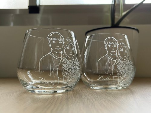 銘心藝品 插畫雕刻 【客製化禮物】正臉雙人精緻似顏繪 結婚對杯 雕刻水杯 威士忌杯